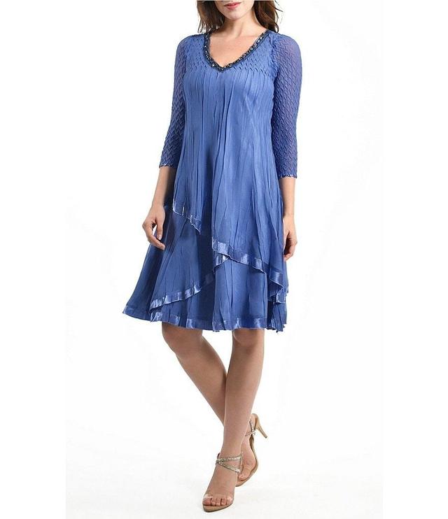 Komarov Tiered Chiffon V-Neck 3/4 Sleeve A-Line Pleated Dress Product Image