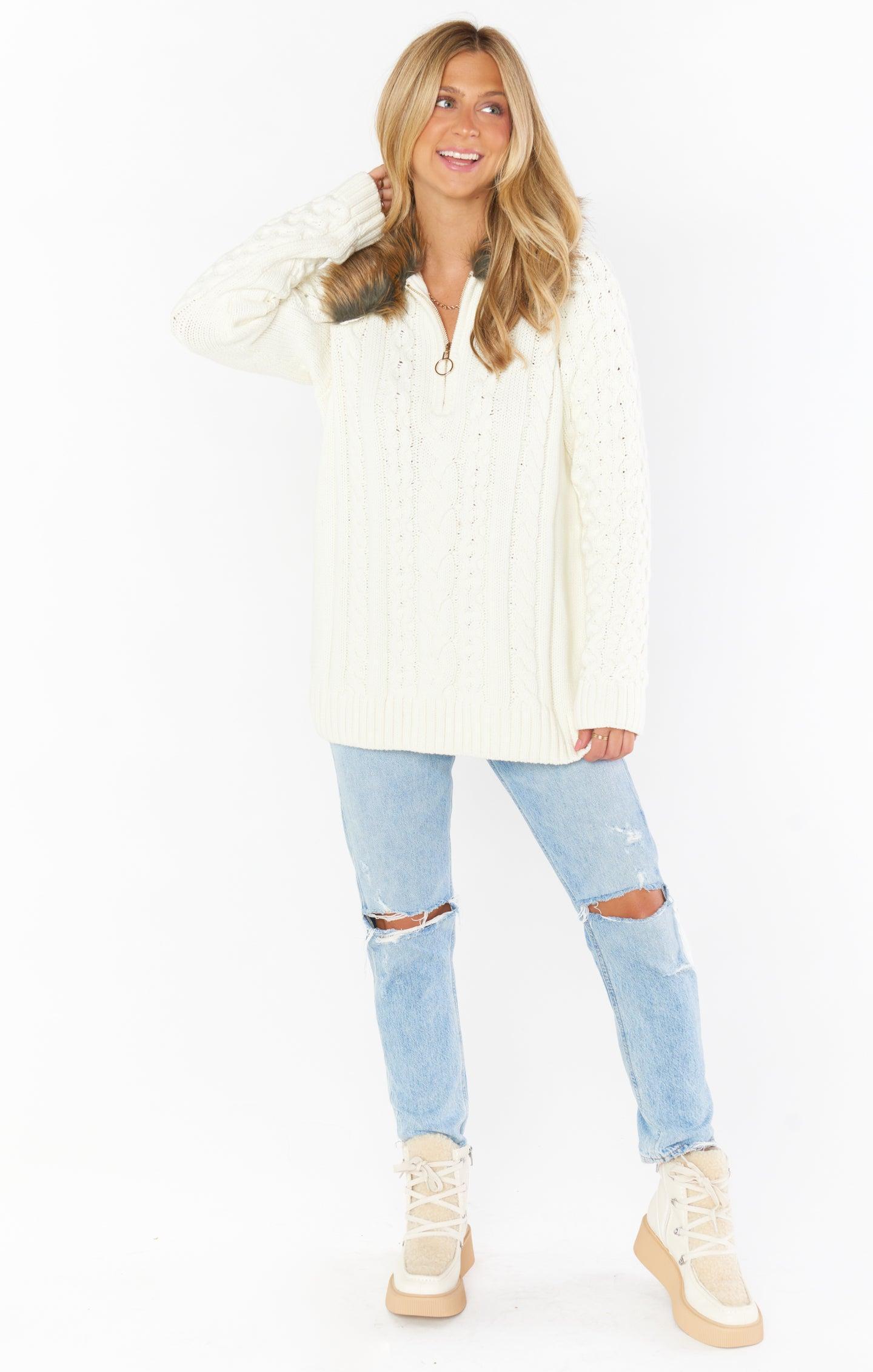 Sun Valley Pullover ~ Cream Cable Knit with Faux Fur Product Image