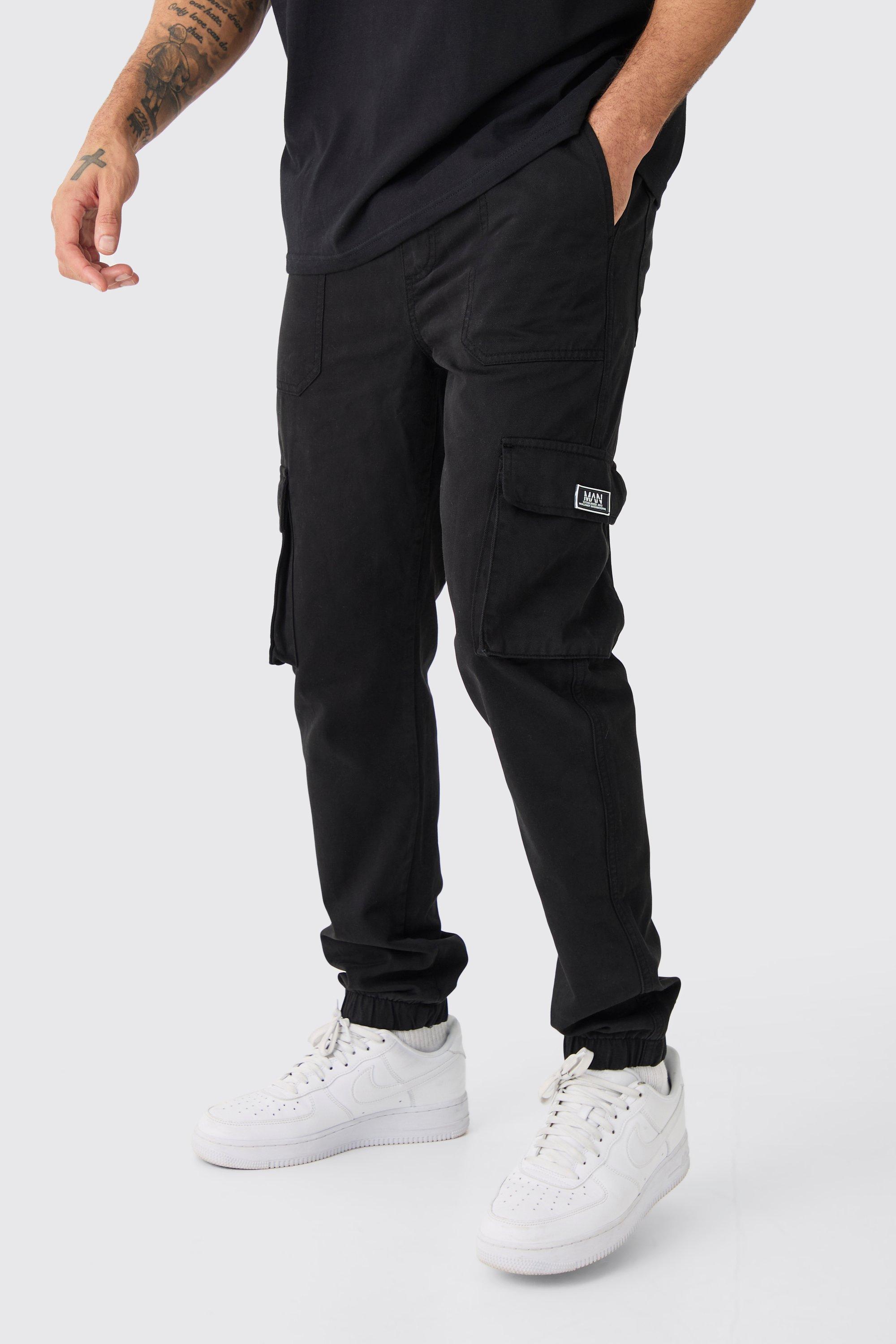 Mens Black Elasticated Waist Slim Fit Badge Cargo Jogger, Black Product Image