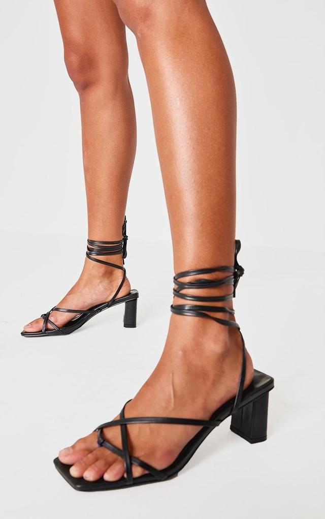 Black Wide Fit Block Heel Square Toe Ankle Tie Strappy Sandals Product Image