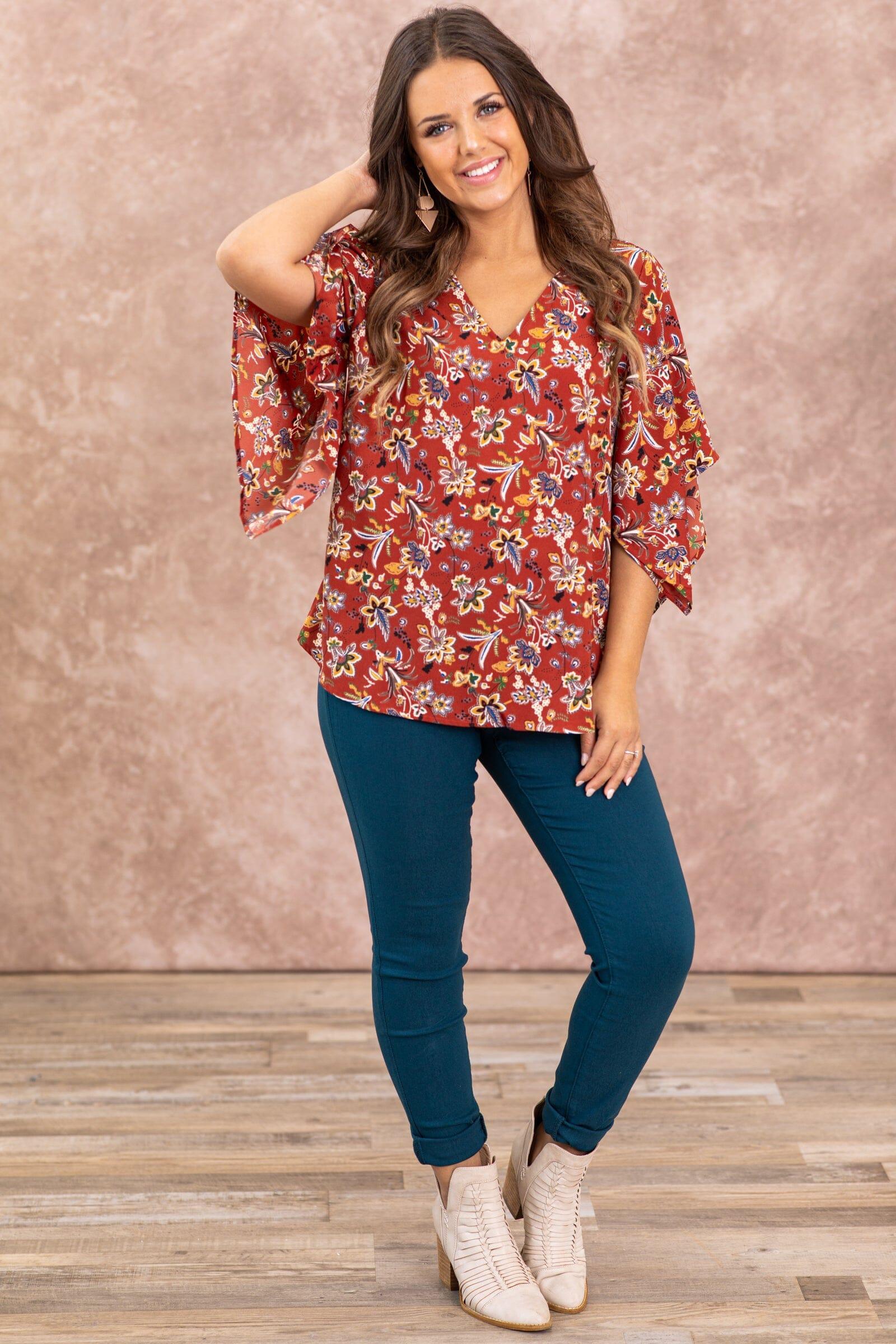 Maroon Floral Print Dolman Sleeve Top Product Image