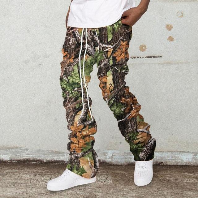 Vintage Camouflage Print Drawstring Stacked Trousers Product Image