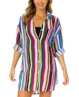 Anne Cole Womens Striped Boyfriend Cover-Up Shirt Product Image