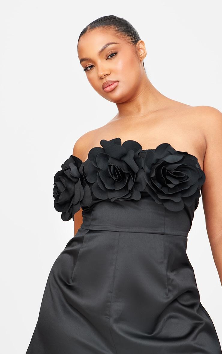 Black Satin Floral Corsage Detail Bandeau Romper Product Image