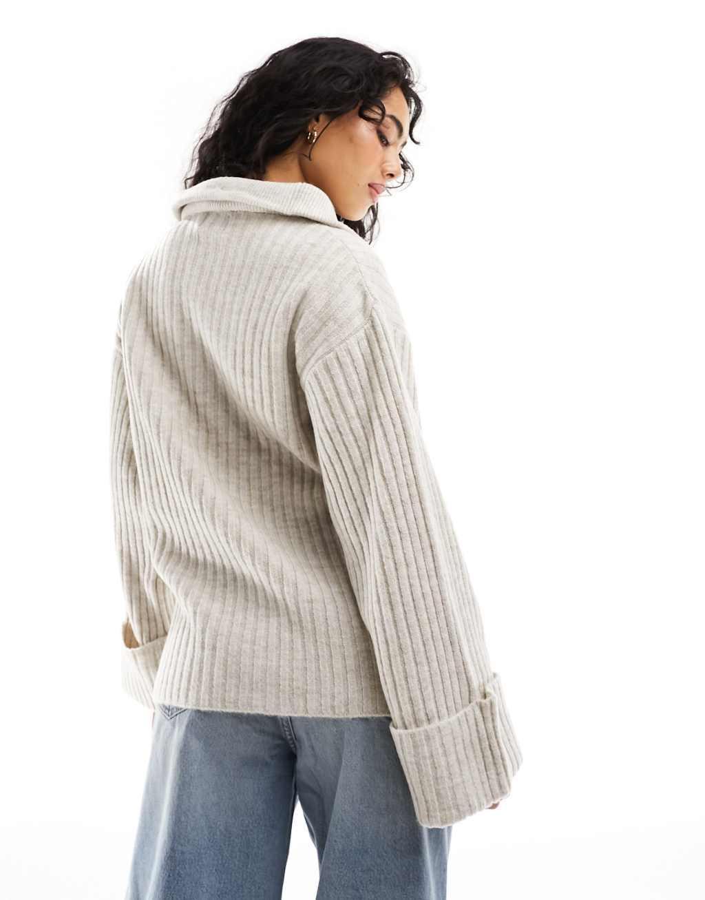 Pieces high neck quarter zip knit sweater in light beige Product Image