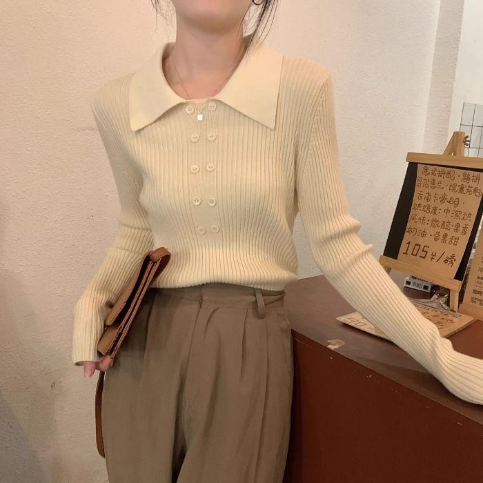 Polo Collar Plain Ribbed Knit Crop Top Product Image