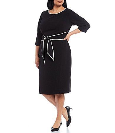 Adrianna Papell Plus Size Crew Neck 34 Sleeve Crepe Tie Waist Sheath Dress Product Image