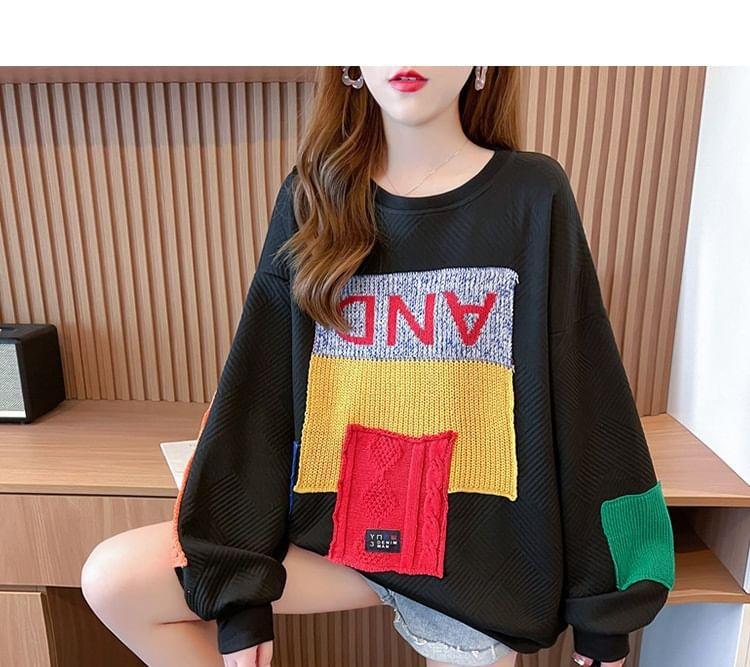 Crew Neck Color Block Applique Oversized Sweatshirt Product Image