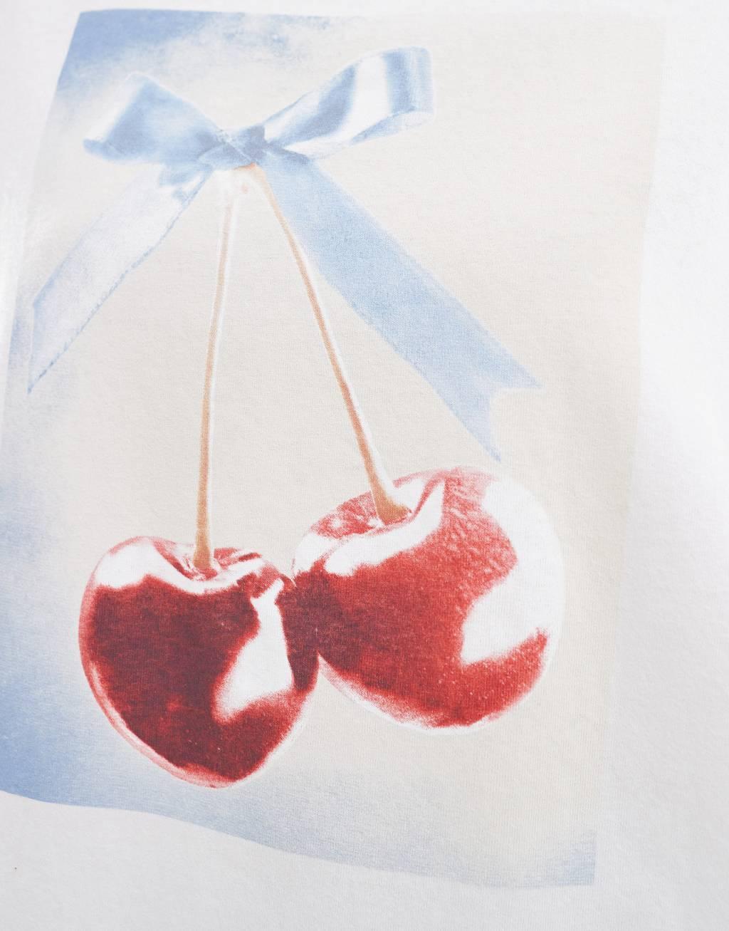 Pull&Bear cherry bow graphic tee in white Product Image