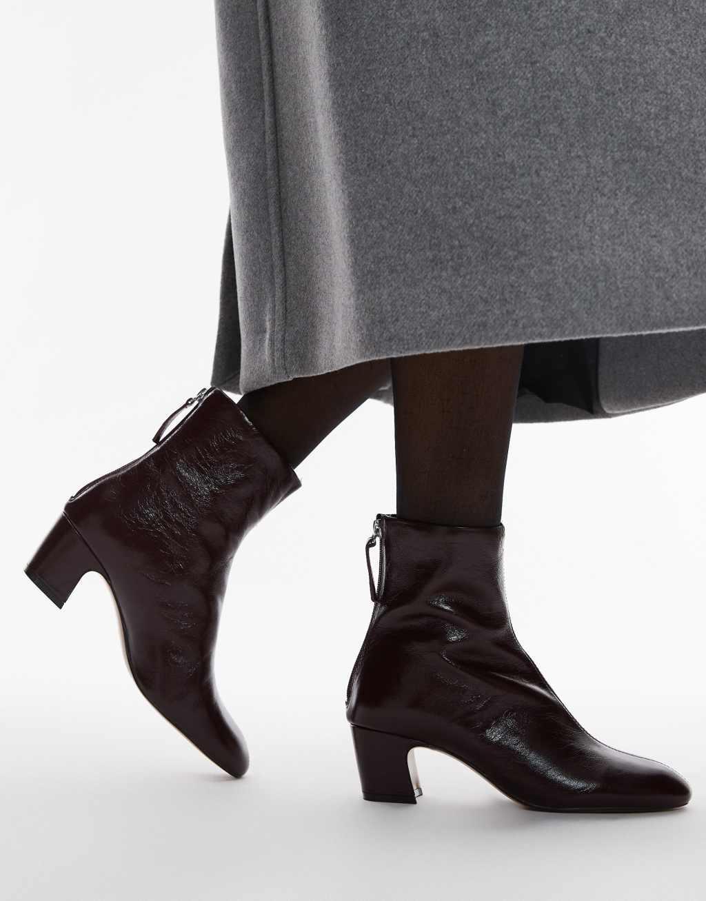 Mango leather heeled boots in burgundy Product Image