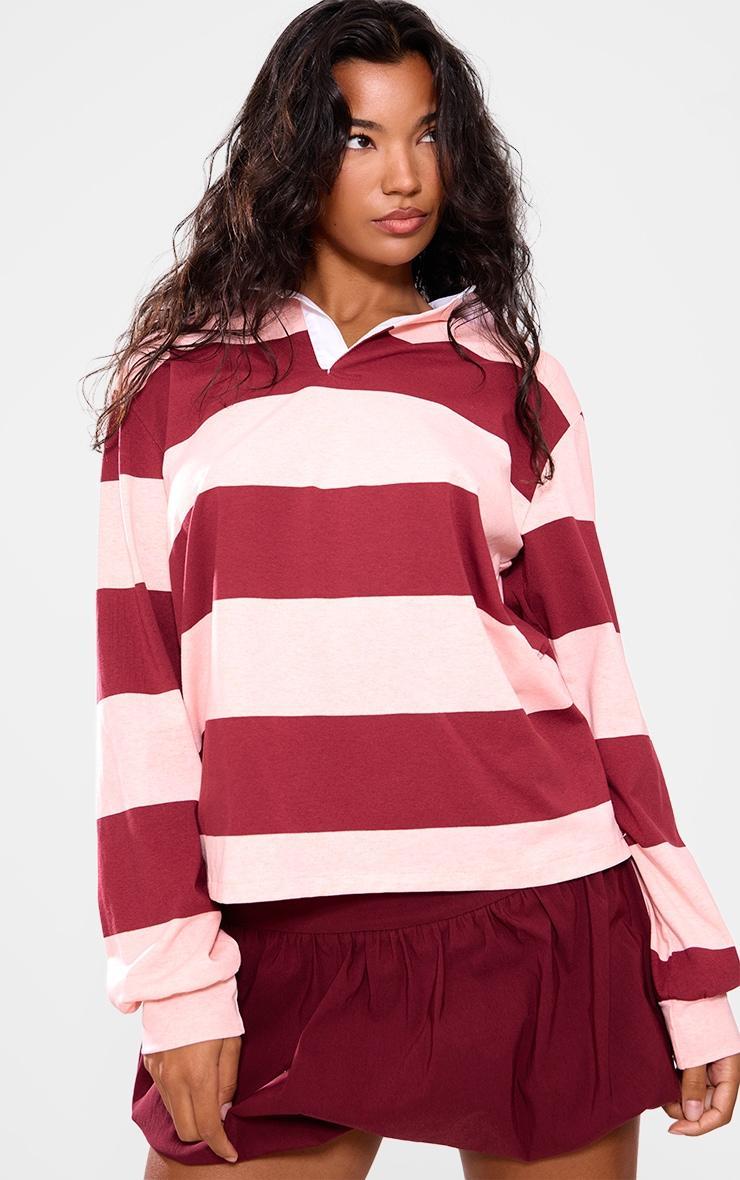 Burgundy Striped Collar Detail Long Sleeve T Shirt Product Image