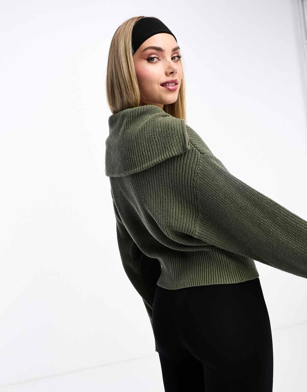 Monki high zip neck knitted sweater in khaki Product Image