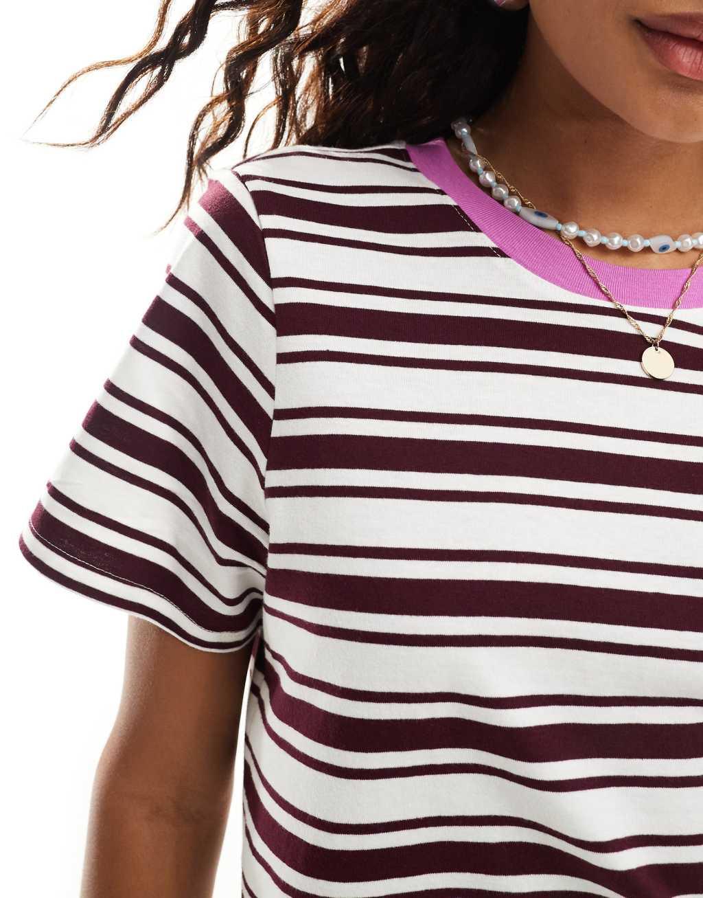 Monki short sleeve t-shirt in burgundy stripe with pink contrast collar Product Image