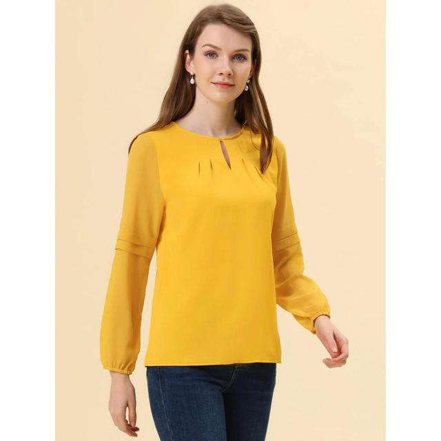 Allegra K Women's Chiffon Semi Sheer Keyhole Neck Elegant Work Blouse Yellow Medium Product Image