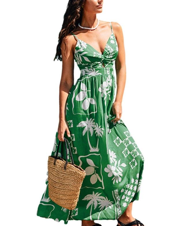 Cupshe Womens Green Tropical Sweetheart Twist & Keyhole Maxi Beach Dress Product Image