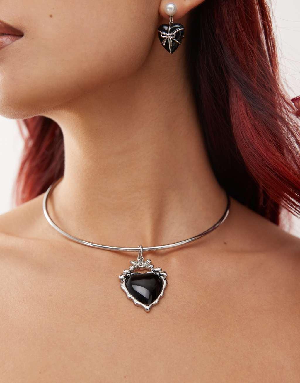 Reclaimed Vintage choker necklace with black heart pendant Product Image