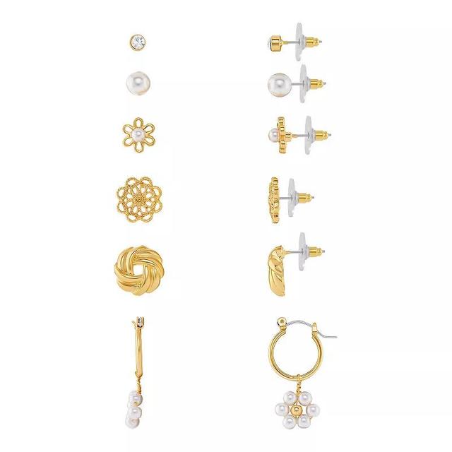 Emberly Gold Tone Crystal & Simulated Pearl Filigree, Love Knot, & Flower Stud & Drop Hoop Earrings 6-pack Set, Womens, Yellow Product Image