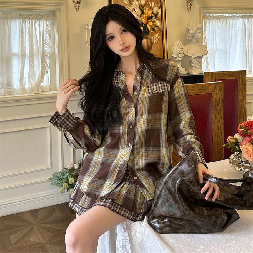 Long Sleeve Plaid Loose-Fit Shirt / Low Waist Mini Layered Mini A-Line Skirt Product Image