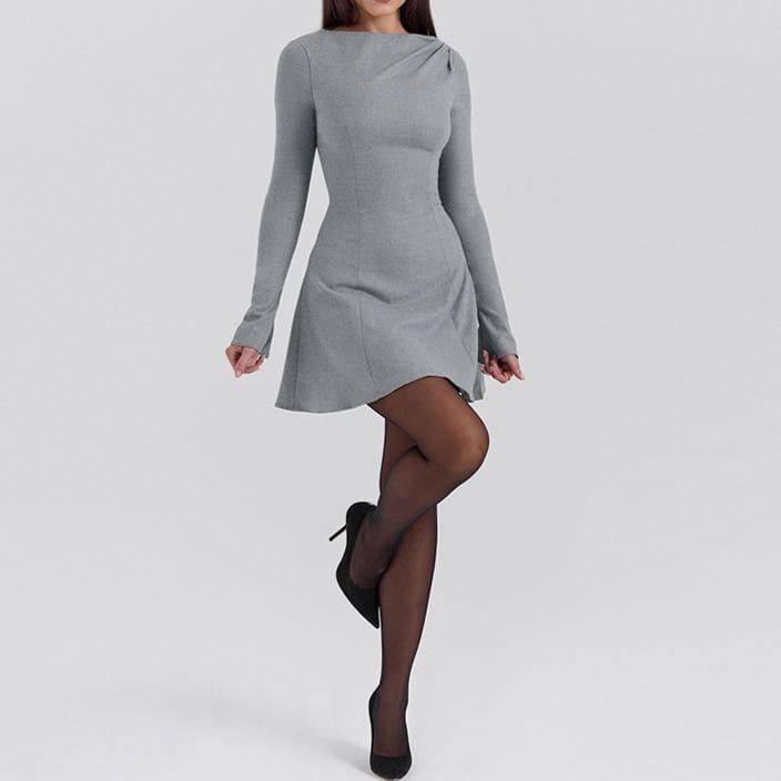 Long Sleeve Boat Neck Plain Panel Mini A-Line Dress Product Image