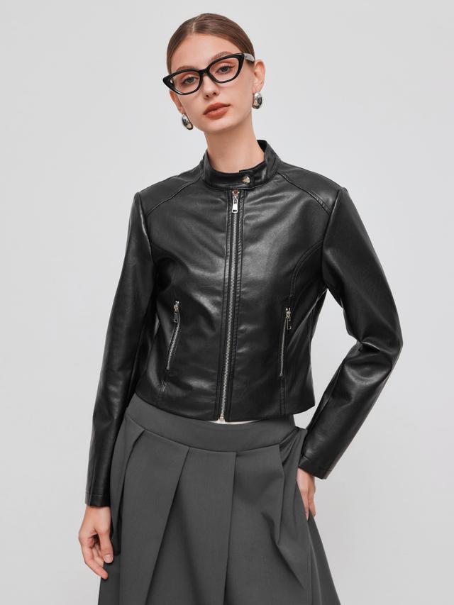 Faux Leather High Neck Solid Pocket Biker Jacket Product Image