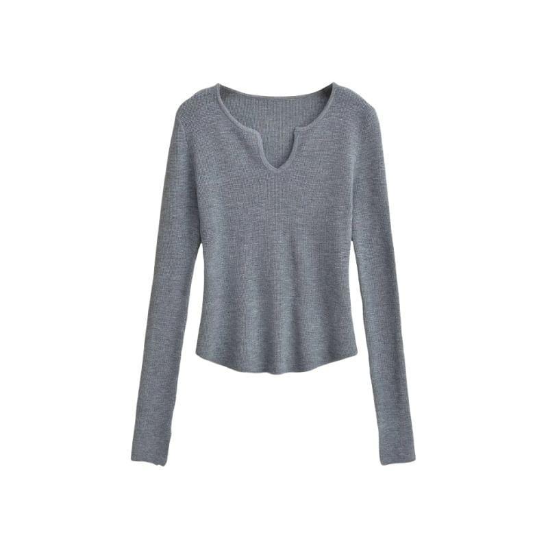 Long Sleeve Notch Neck Plain Knit Top Product Image