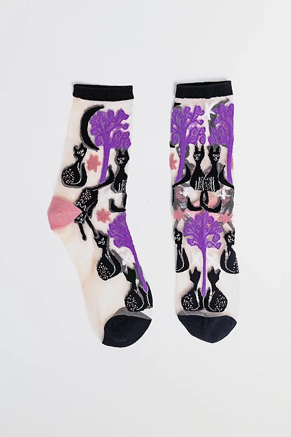 Sock Candy Nocturnal Cats Sheer Sock, Womens at Urban Outfitters Product Image