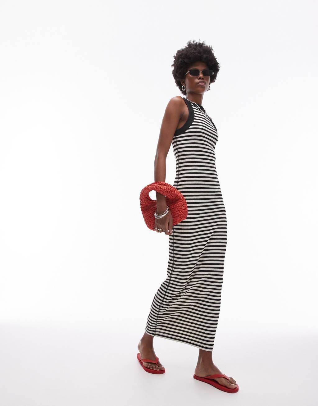 Topshop jersey racer neck midi dress in stripe print Product Image