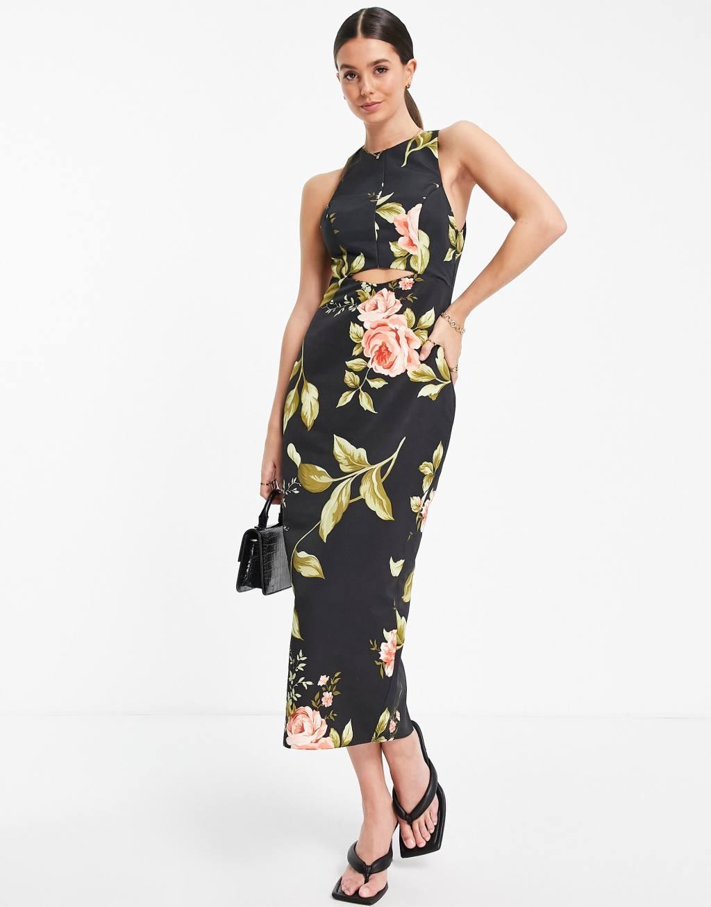 ASOS DESIGN Tall racer neck structured midi dress with cut out detail in floral print Product Image