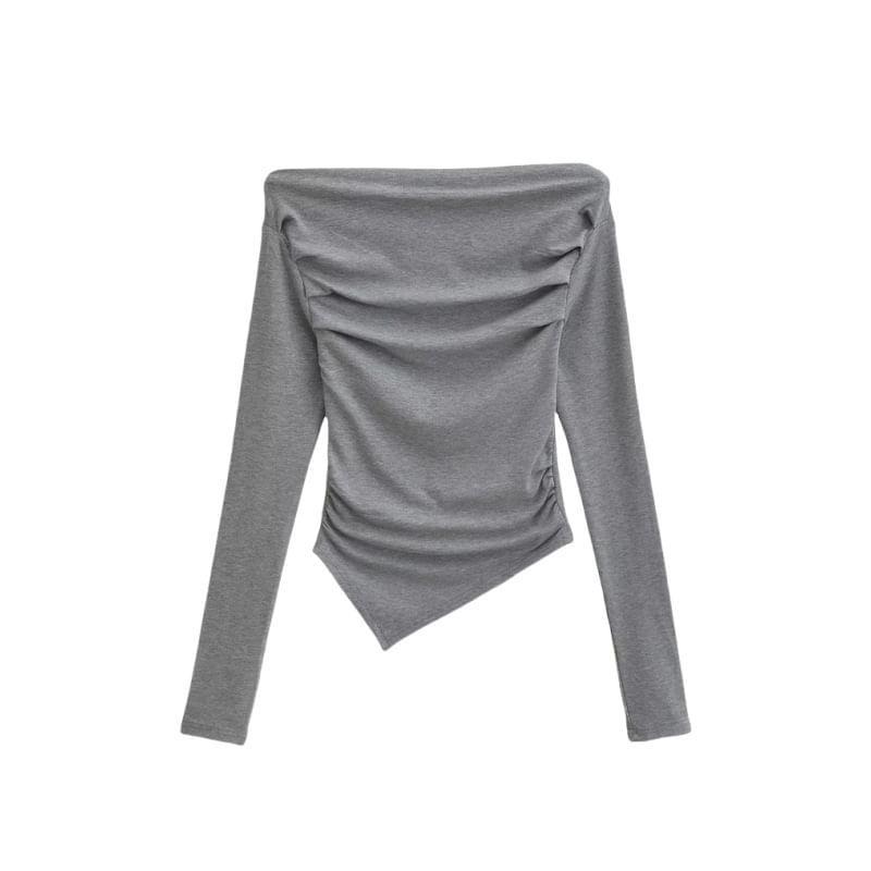 Long Sleeve Off Shoulder Plain Ruched Asymmetrical Top Product Image