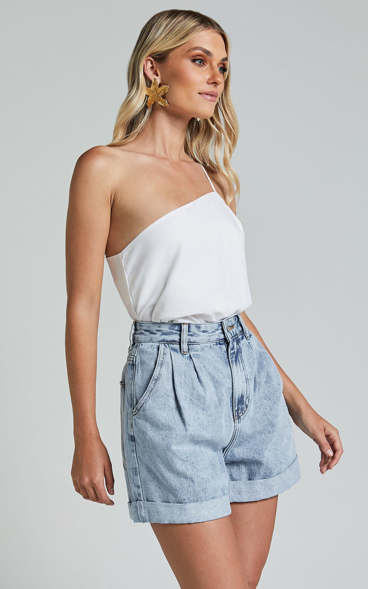 Amalie The Label - Jaylin Recycled Cotton High Waisted Denim Shorts in Light Blue Wash Product Image