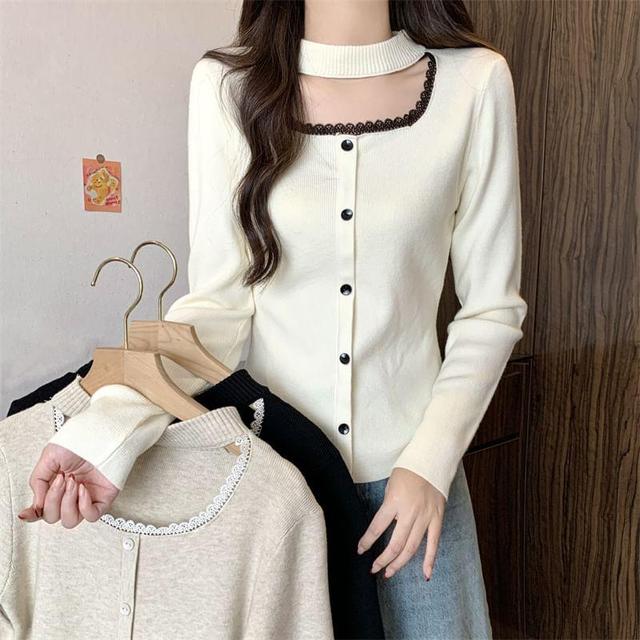 Long-Sleeve Mock Neck Cutout Lace Trim Button Knit Top Product Image