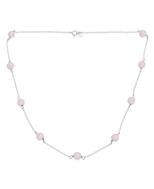 Delicate Simple Genuine Gemstone Rose Quartz Chain Round Ball Bead Tin Cup Necklace For Women .925 Sterling Silver 18 Inch Product Image