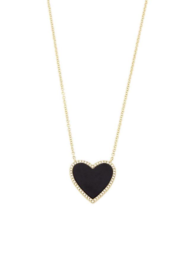 Womens Large 14K Yellow Gold, Onyx & 0.09 TCW Heart Necklace Product Image