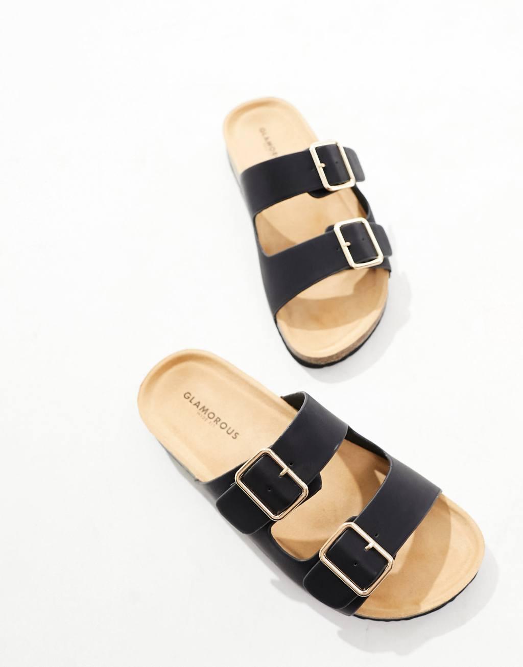 Glamorous double strap footbed sandals in black Product Image