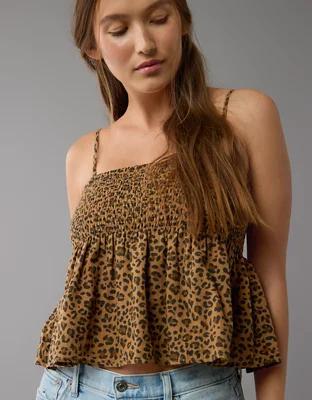 AE Smocked Babydoll Leopard Cami Tank Top Product Image