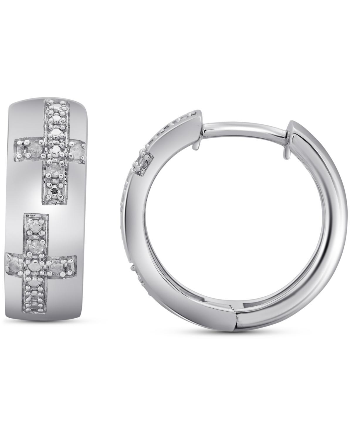 Mens Diamond Cross Small Huggie Hoop Earrings (1/20 ct. t.w.) in Sterling Silver, 0.63 Product Image