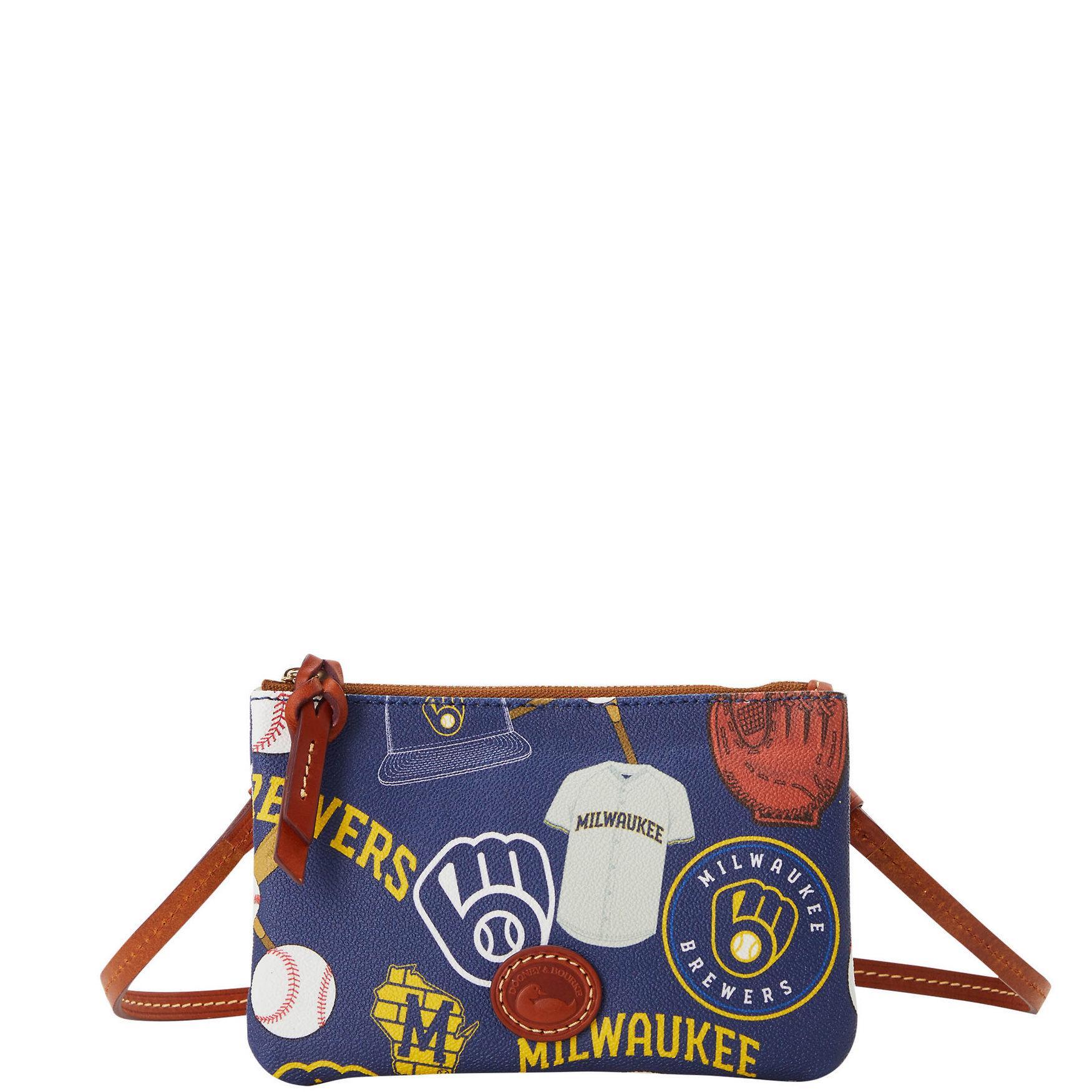 Dooney & Bourke Womens MLB Brewers Top Zip Crossbody Coated Cotton Shoulder Bag in Navy Product Image