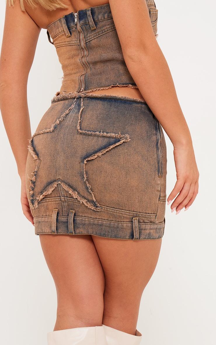 Vintage Wash Orange Tint Raw Hem Star Embroidery Denim Mini Skirt Product Image