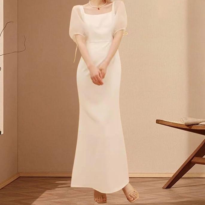 Short-Sleeve Square Neck Plain Maxi Sheath Wedding Dress Product Image