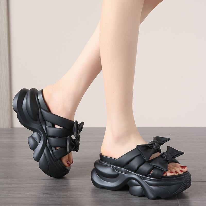 Platform Plain Bow Accent Faux Leather Sandals Product Image