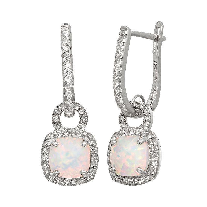 Designs by Gioelli Sterling Silver Lab-Created Opal and Lab-Created White Sapphire Square Halo Drop Earrings, Womens Product Image