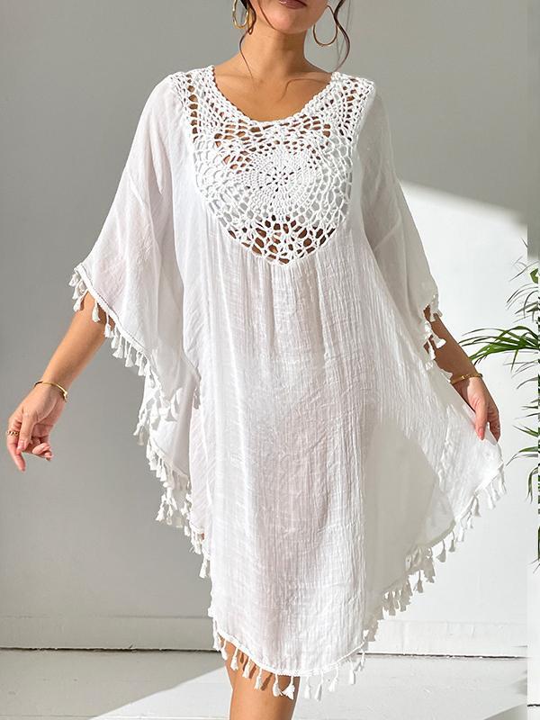 Batwing Sleeves Loose Hollow Solid Color Sun Protection Tasseled Round-Neck Cover-Ups Tops Midi Dresses Product Image