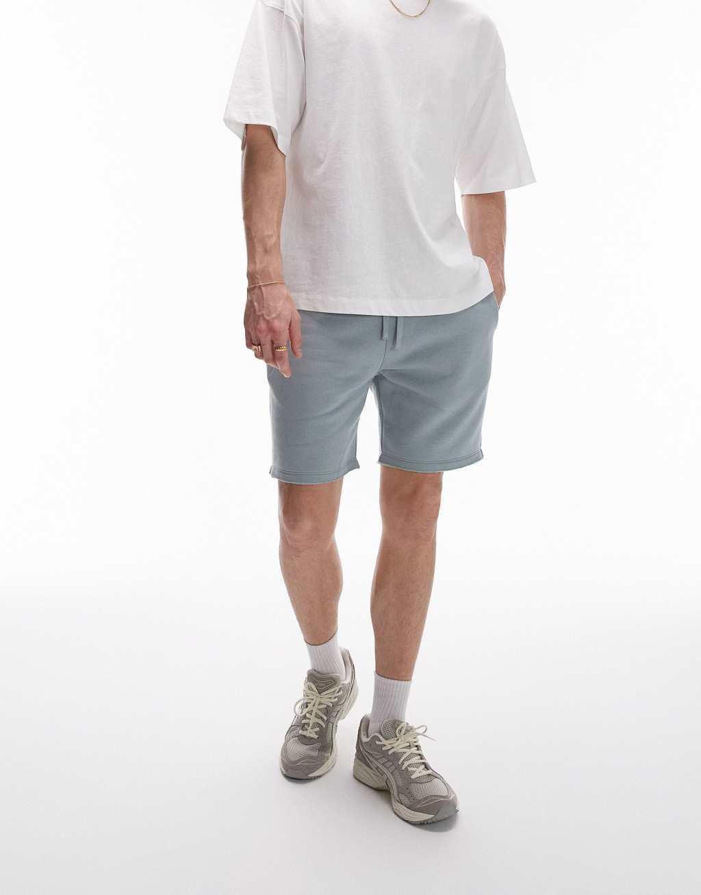 Topman classic fit jersey shorts with raw hem in sage Product Image