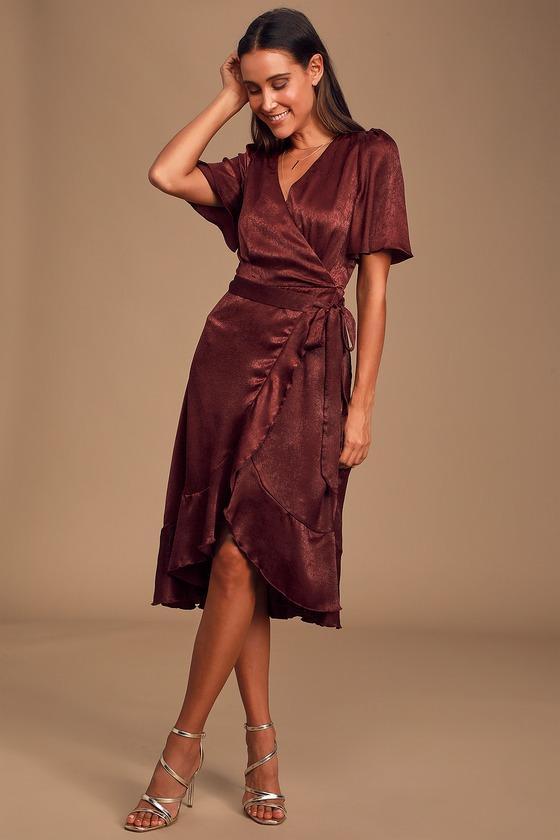 Wrapped Up In Love Burgundy Satin Faux-Wrap Midi Dress Product Image