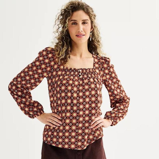 Womens Draper James Allover Geo Print Long Sleeve Squareneck Top Product Image