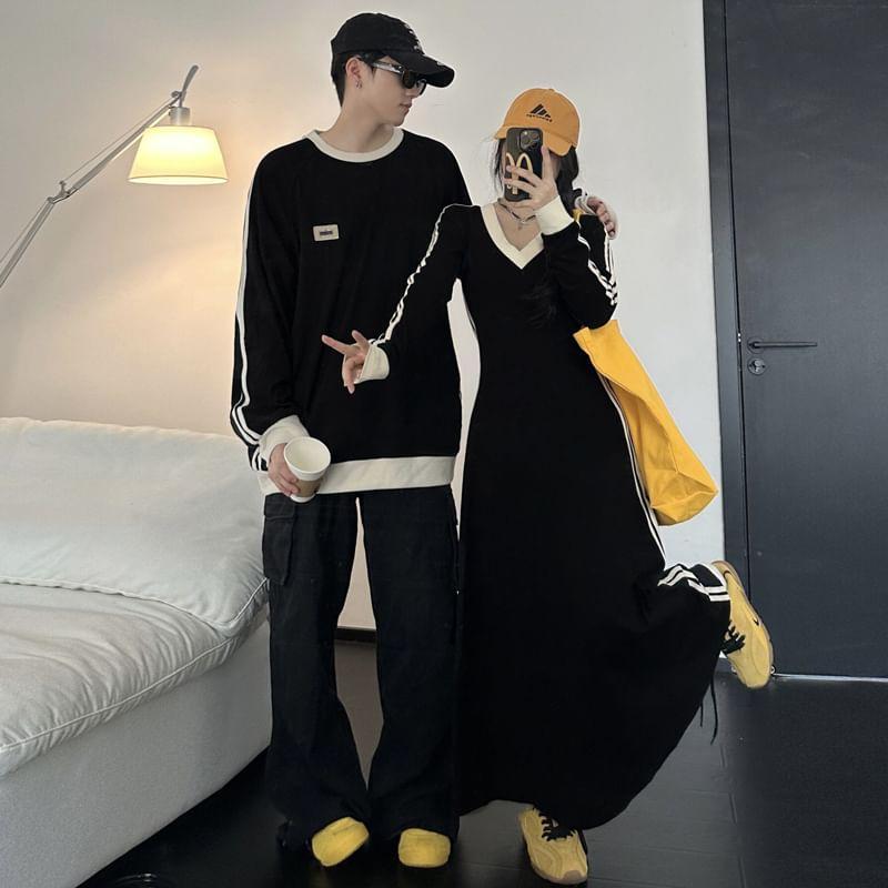 Couple Matching Crew Neck Striped Oversized Sweatshirt / Long-Sleeve V-Neck Maxi Sweatshirt Dress Product Image