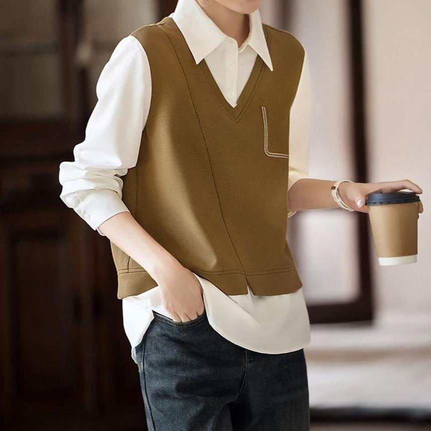 Mock Two-Piece Long-Sleeve Two Tone Knit Shirt Product Image