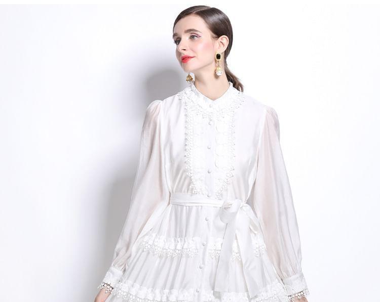 Long Sleeve Band Collar Plain Tiered Button Panel Lace Maxi A-Line Dress Product Image