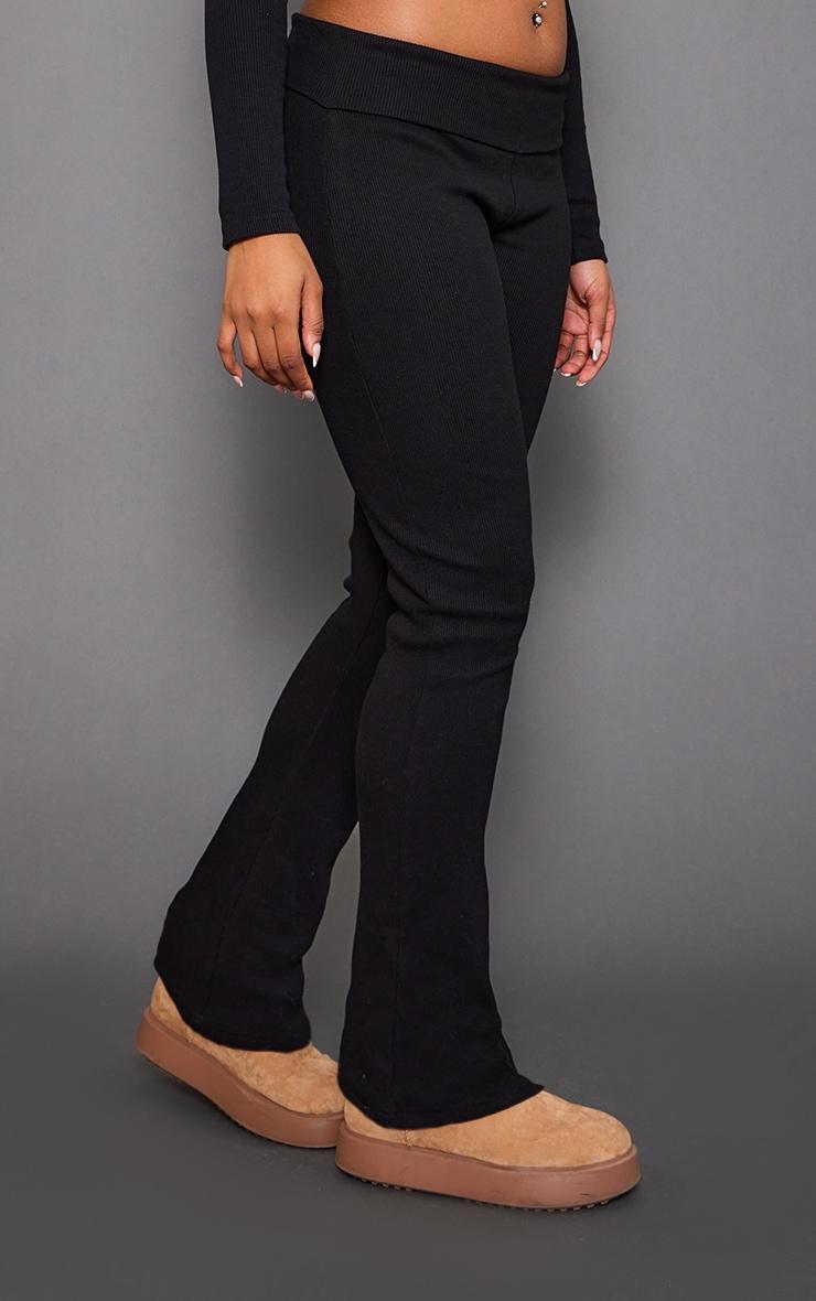 Black Rib Fold Over Waist Flared Pants Product Image