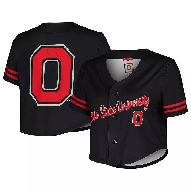 Womens Mitchell & Ness Ohio State Buckeyes Vault Cropped V-Neck Button-Up Shirt Product Image